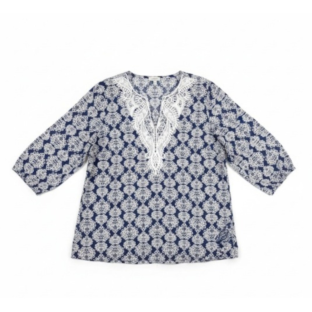 Talbots Floral Damask Lace Cotton Tunic Top Blue Coastal‎ Preppy Resortwear 1X
